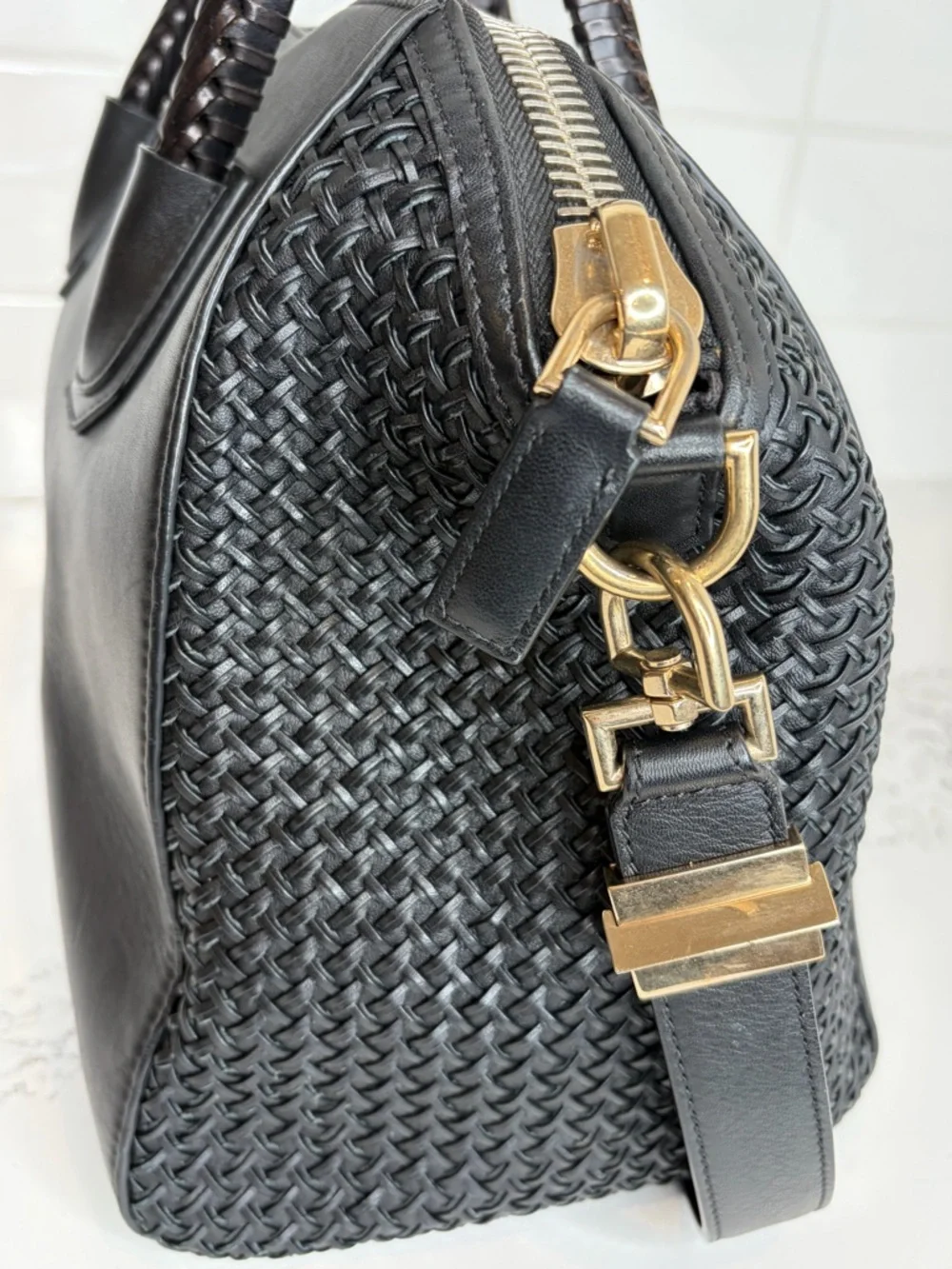 Givenchy Antigona Medium Black Leather Satchel Woven Panel